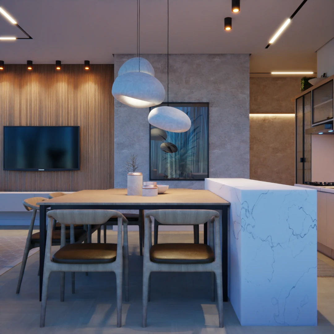 Projeto de ambientes integrados de um apartamento em São Paulo