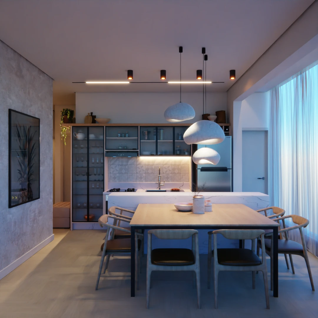 Projeto de ambientes integrados de um apartamento em São Paulo