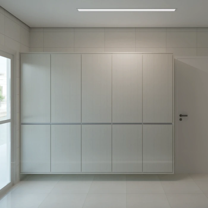 Cozinha e área de serviço luminosa, clean e funcional com tons neutros e design moderno.