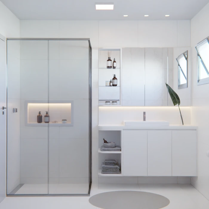 Banheiro branco moderno com revestimentos Biancogres