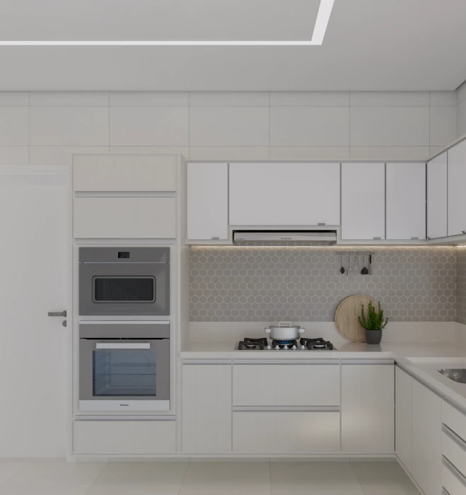 Cozinha e área de serviço luminosa, clean e funcional com tons neutros e design moderno.