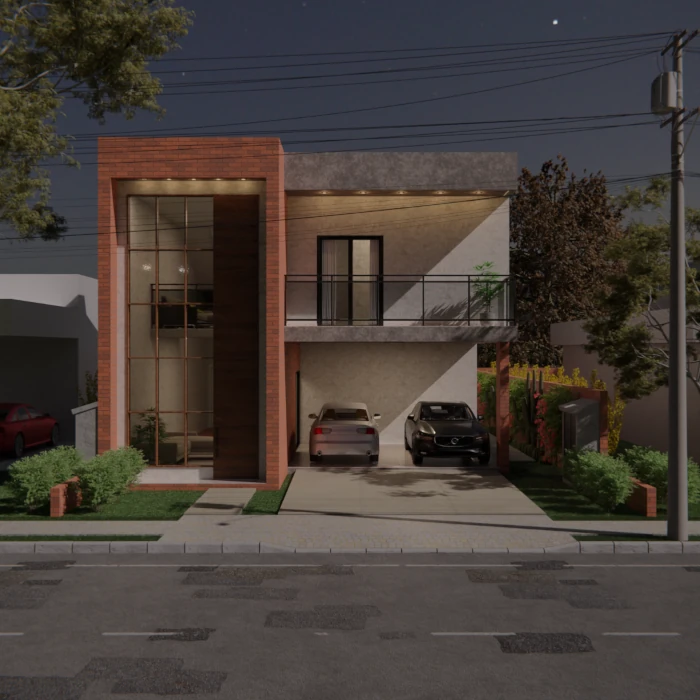 Fachada moderna de condomínio com volumes equilibrados e luz natural.