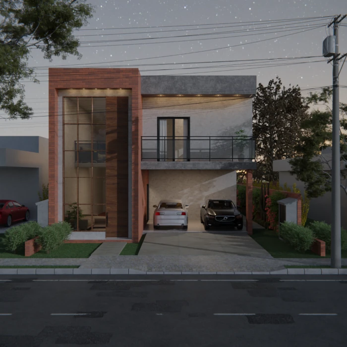 Fachada moderna de condomínio com volumes equilibrados e luz natural.