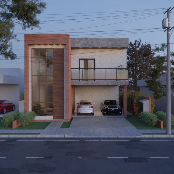 Fachada moderna de condomínio com volumes equilibrados e luz natural.