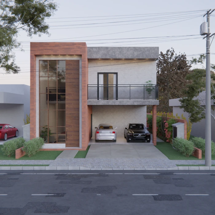 Fachada moderna de condomínio com volumes equilibrados e luz natural.