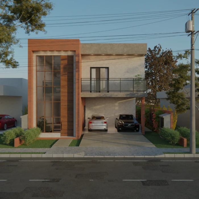 Fachada moderna de condomínio com volumes equilibrados e luz natural.