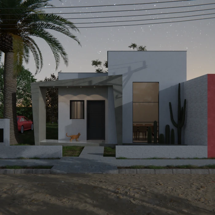 reforma de fachada moderna com contraste de volumes e luz natural