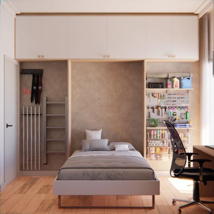 Ambiente multifuncional com ótimo aproveitamento do espaço e design inteligente