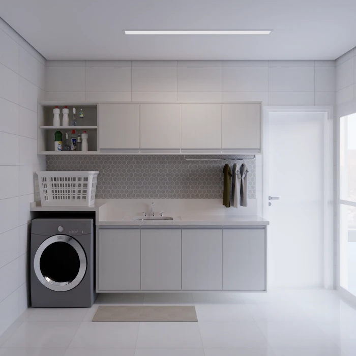 Cozinha e área de serviço luminosa, clean e funcional com tons neutros e design moderno.