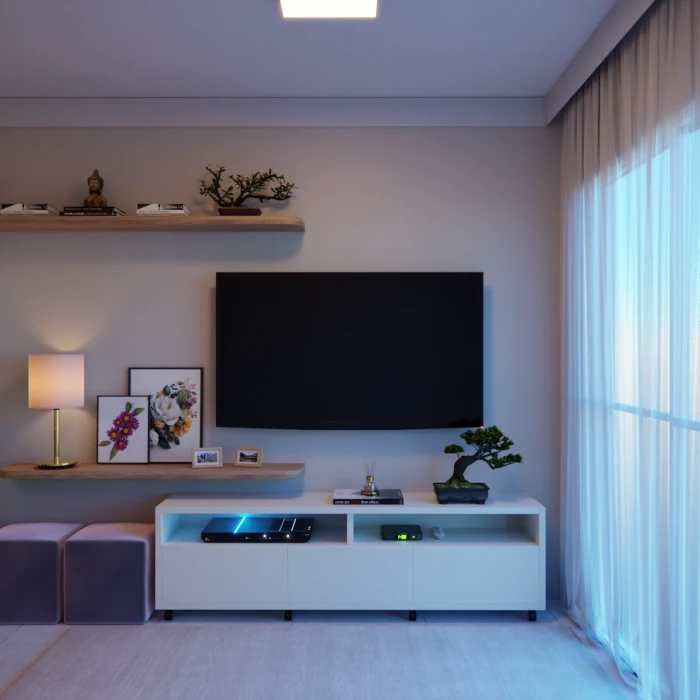 Sala para unir e acolher com design multifuncional e aconchego natural