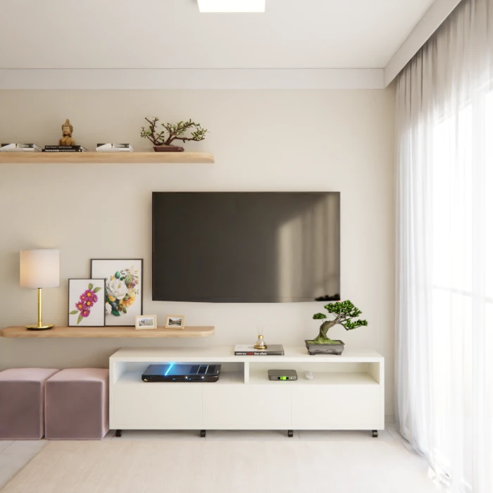 Sala para unir e acolher com design multifuncional e aconchego natural