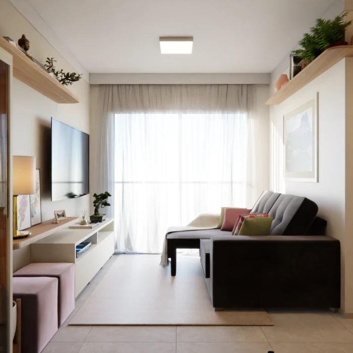 Sala para unir e acolher com design multifuncional e aconchego natural