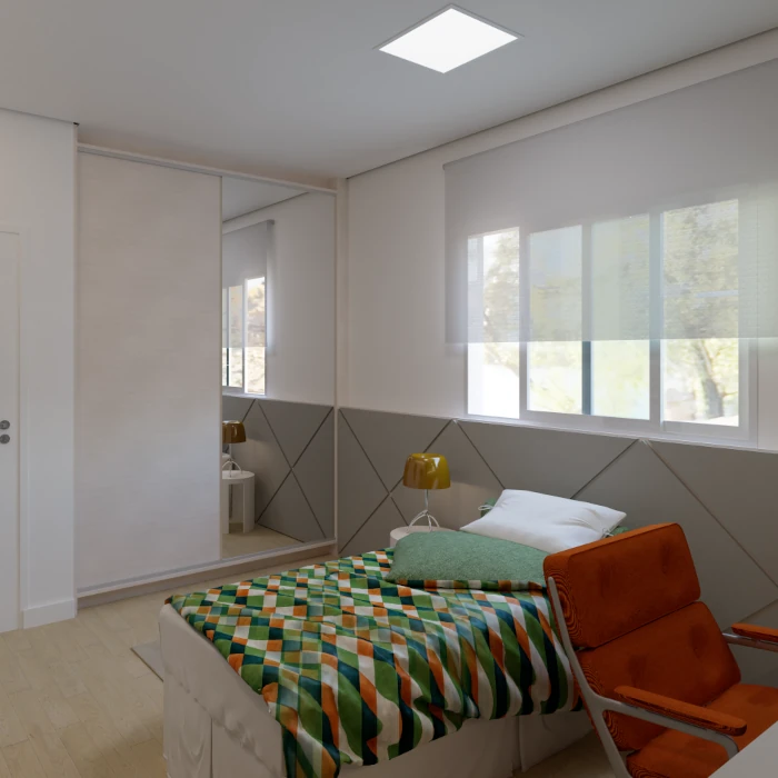 Quarto adolescente funcional com marcenaria moderna e cores vibrantes