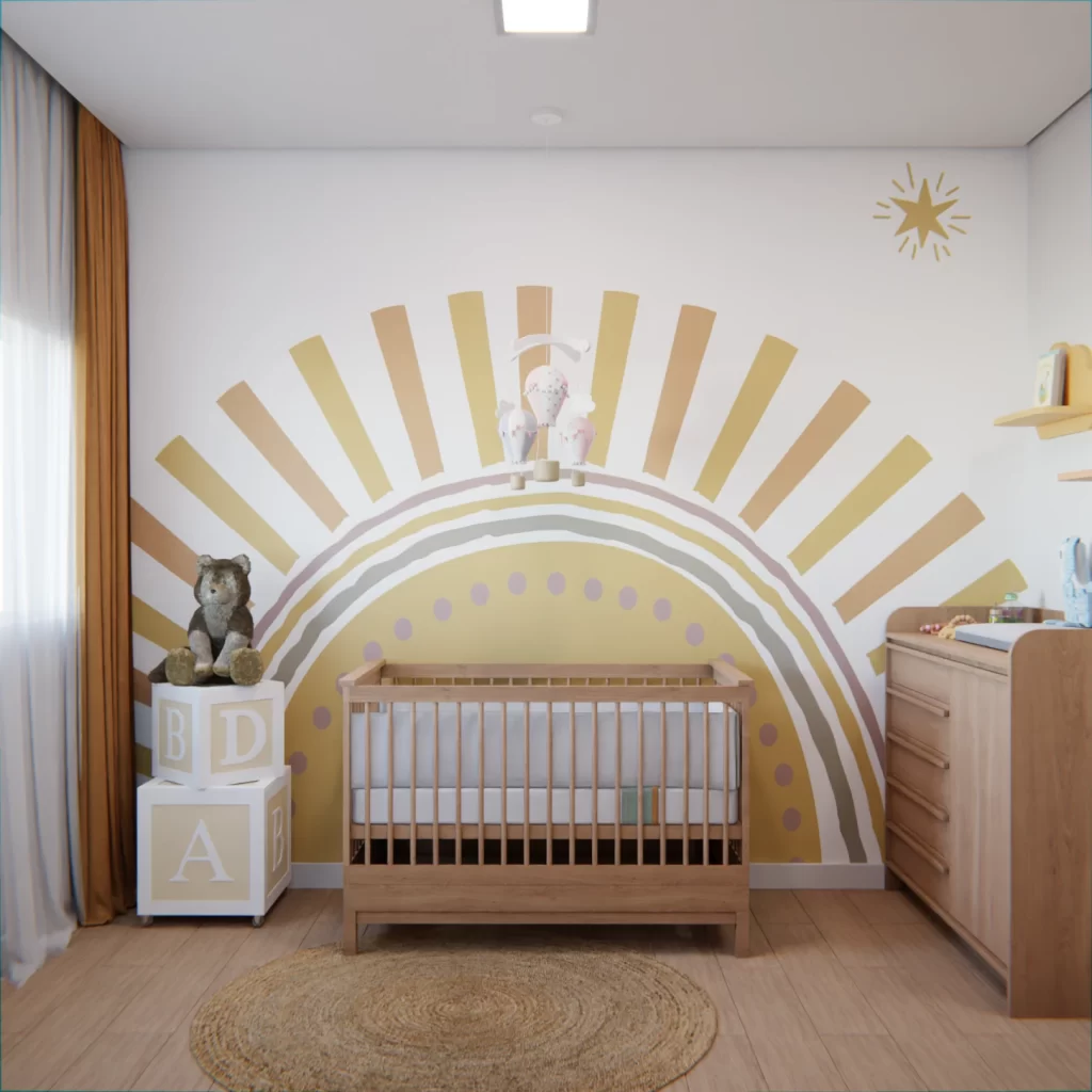 Quarto de bebê laranja com materiais naturais