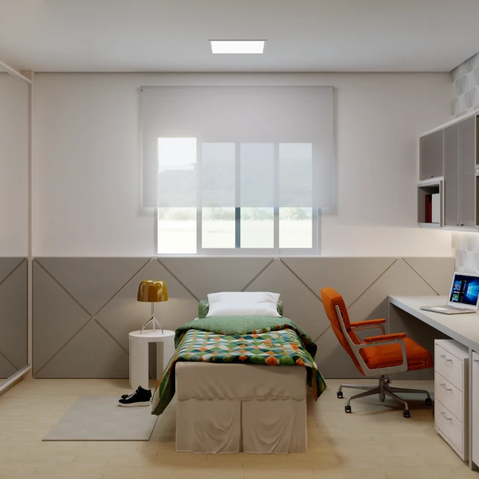 Quarto adolescente funcional com marcenaria moderna e cores vibrantes