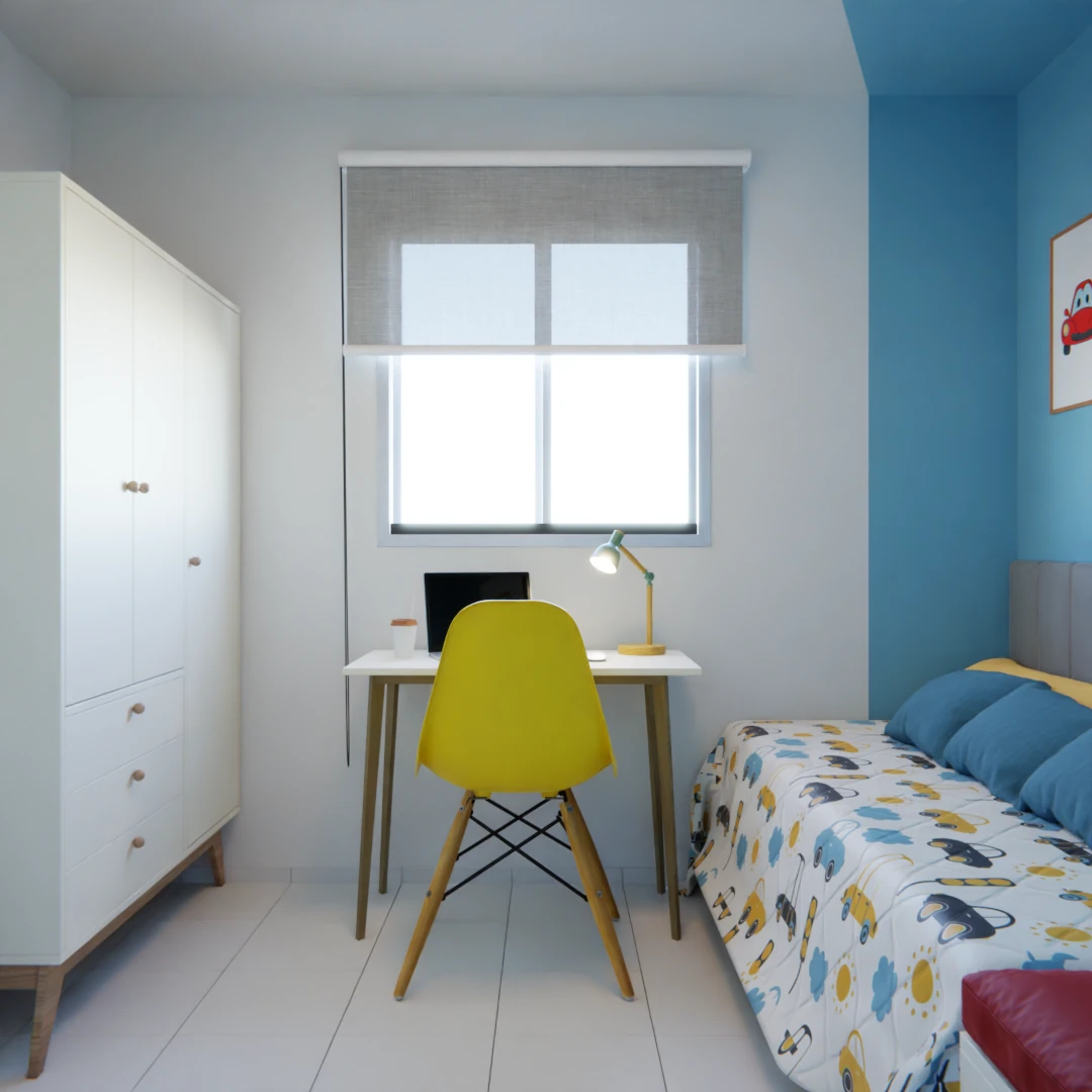Quarto infantil alegre azul e amarelo