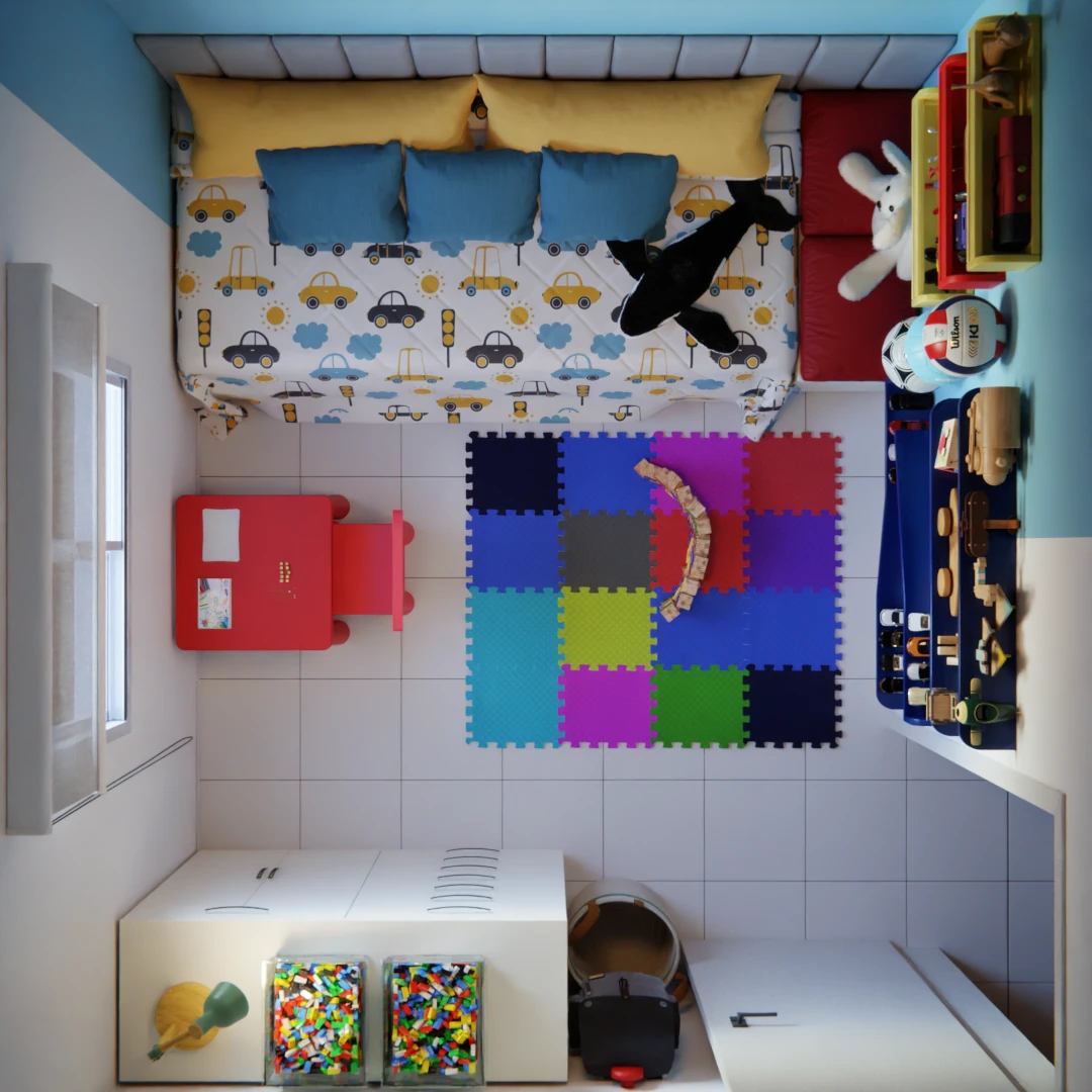 Quarto infantil alegre azul e amarelo