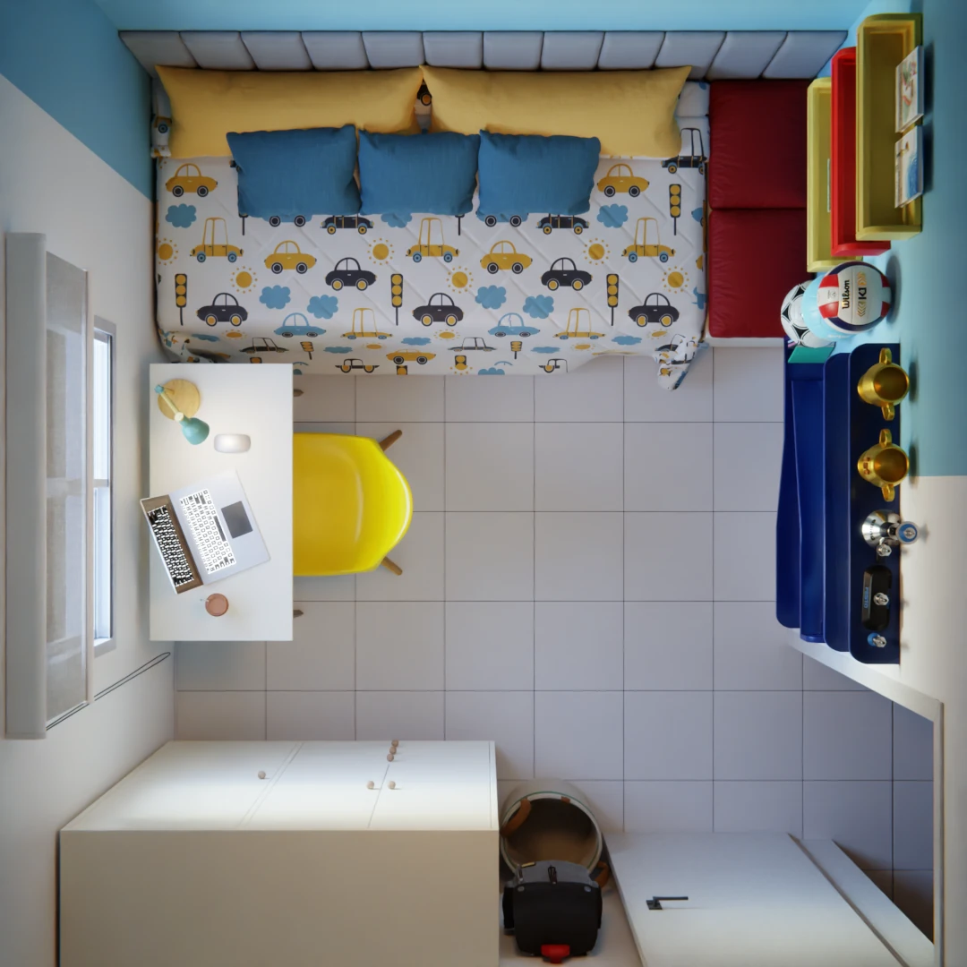 Quarto infantil alegre azul e amarelo