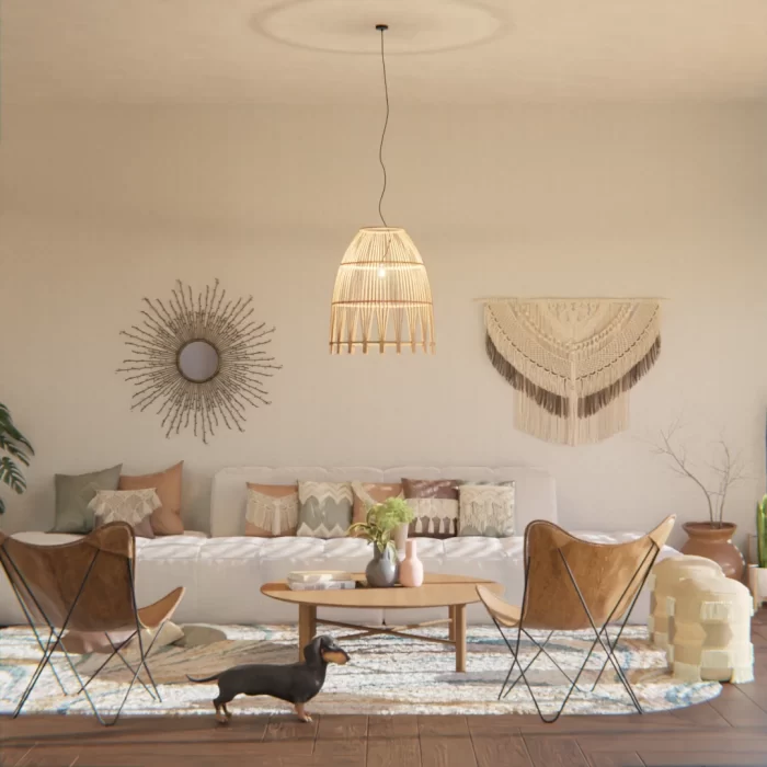 decoração de sala boho com plantas naturais