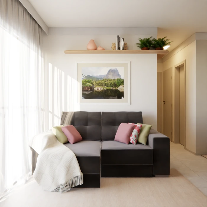 Sala para unir e acolher com design multifuncional e aconchego natural