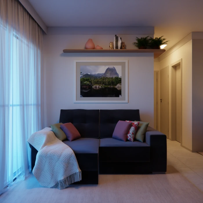 Sala para unir e acolher com design multifuncional e aconchego natural