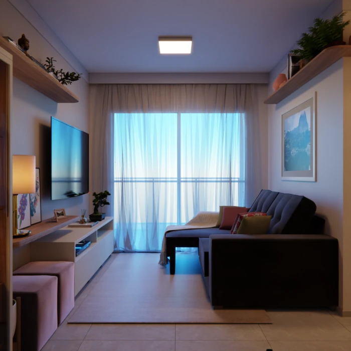 Sala para unir e acolher com design multifuncional e aconchego natural