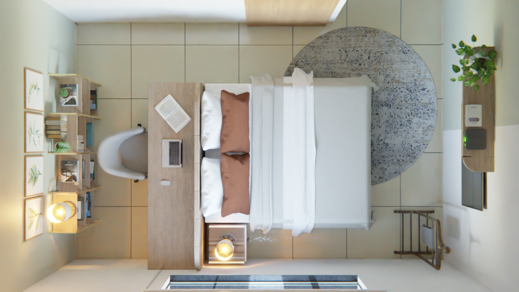 Divisão sutil e elegante que cria um limite entre ambientes entre a área de descanso e o home office.