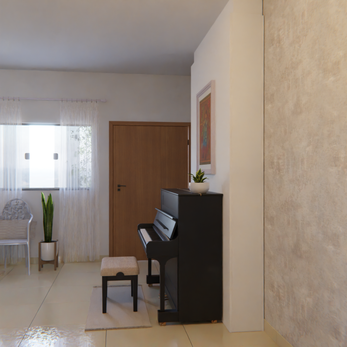 Piano em destaque na nova sala de música em casa com detalhes em azul e luz natural, promovendo leveza.