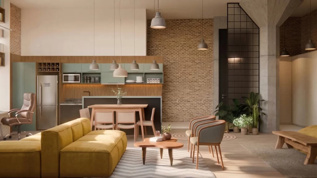 Estante de madeira monumental em projeto de reforma e design de interiores para loft industrial com pé-direito alto.