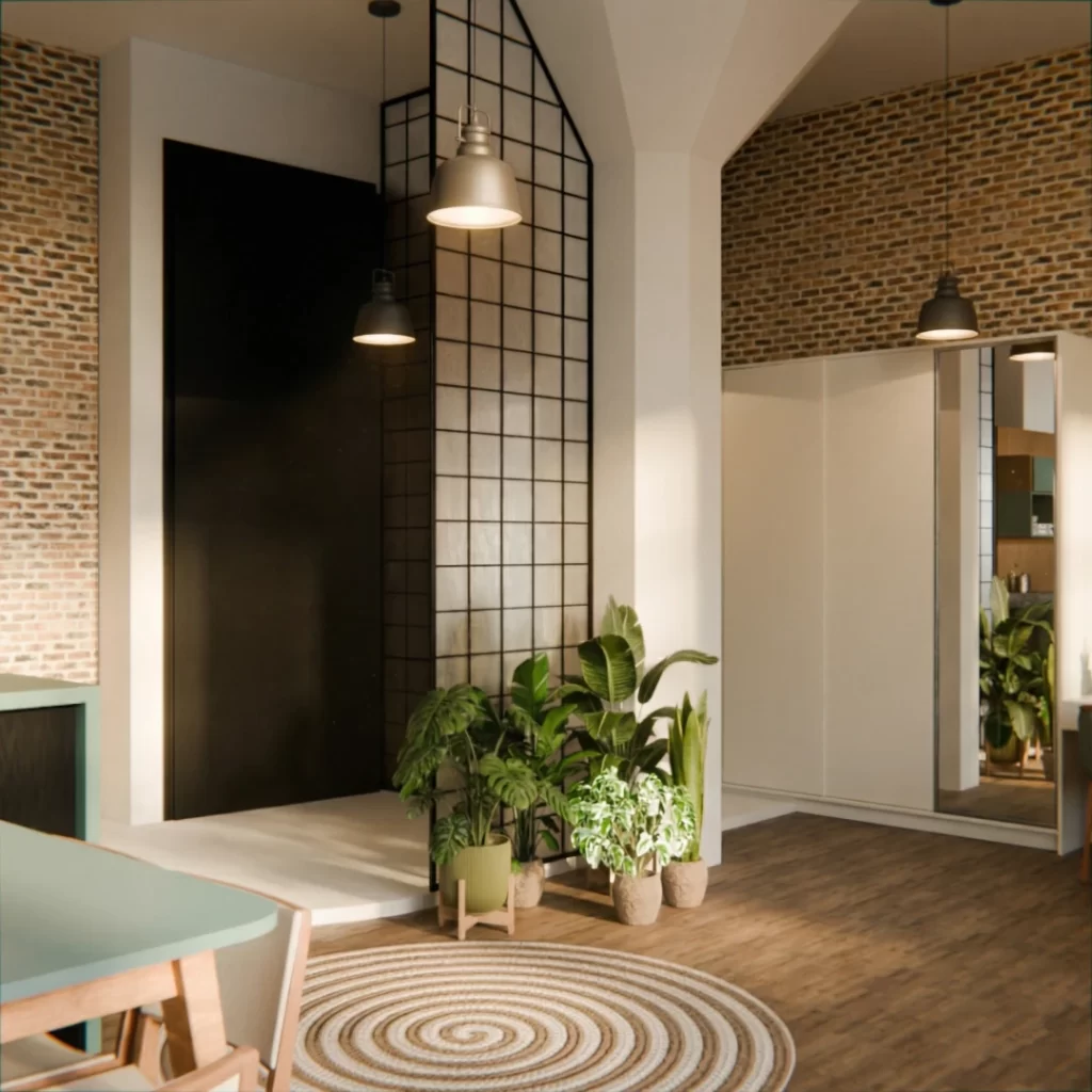 Estante de madeira monumental em projeto de reforma e design de interiores para loft industrial com pé-direito alto.