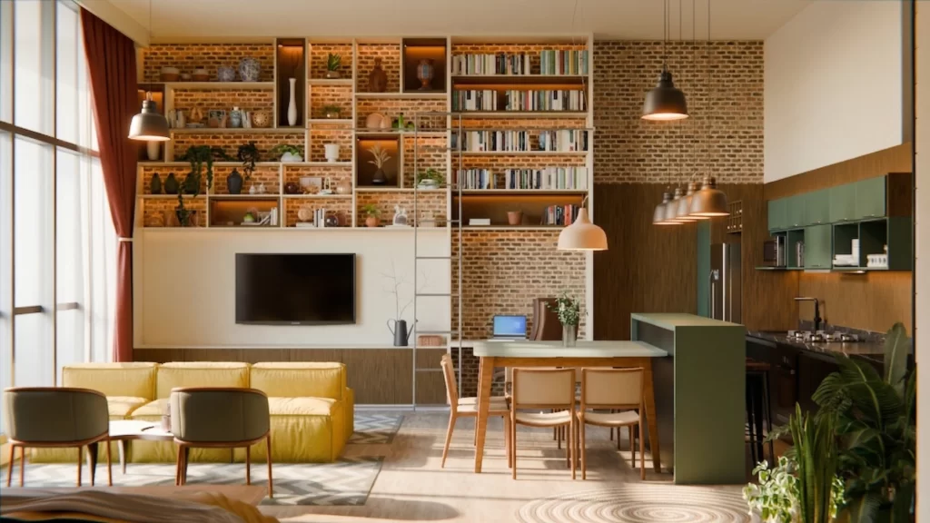 Estante de madeira monumental em projeto de reforma e design de interiores para loft industrial com pé-direito alto.