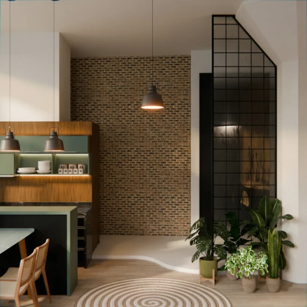 Estante de madeira monumental em projeto de reforma e design de interiores para loft industrial com pé-direito alto.